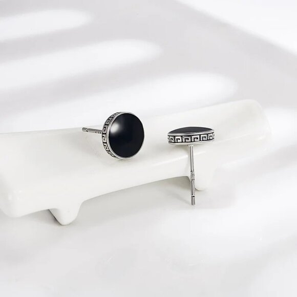 🆕 6mm Onyx Button Greek Style 18K White Gold Earring Studs  🆕 Hypoallergenic - Picture 7 of 8